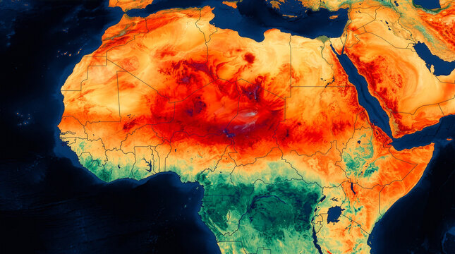 Thermal heat map satellite image of Africa showing extreme temperatures