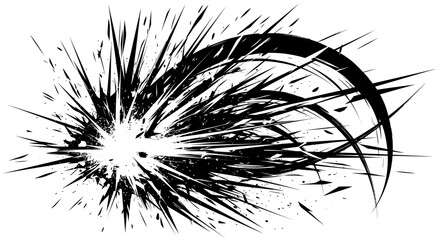 Explosive black grunge design with sharp radiating lines and abstract elements, creating a powerful impact effect on an isolated white background. © Grangger