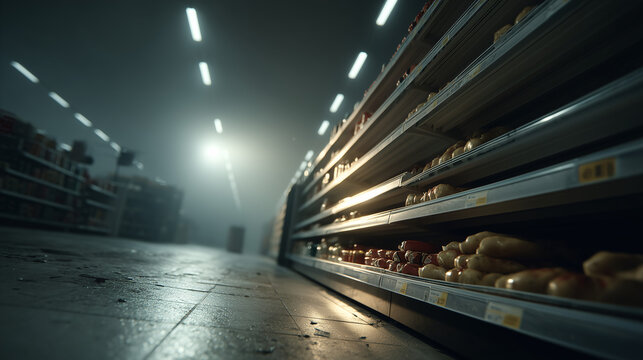 Empty grocery store aisle with shelves stocked with bread and baked goods in a modern supermarket setting