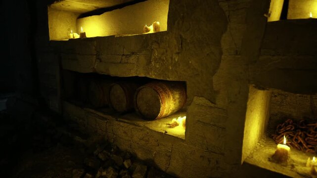 Candlelit cellar shelf with oak barrels, warm amber glow and dust motes, stone niches lined with candles, curved wooden staves catching light, quiet atmosphere