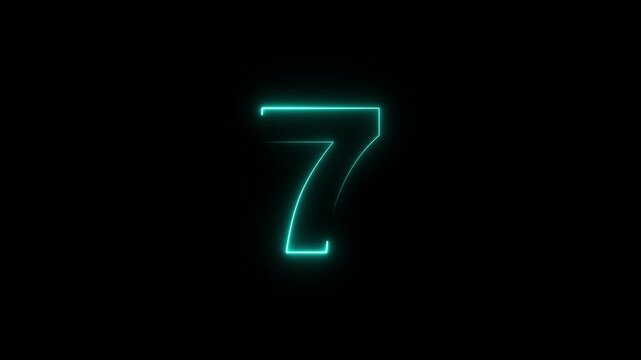 Neon 7 Number text animation.7 number mathematics text on black background. Bright glowing number 7 countdown icon. Digital neon glowing text number 7 a on black background animation,