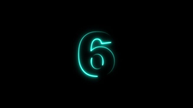 Neon 6 Number text animation.6 number mathematics text on black background. Bright glowing number 6 countdown icon. Digital neon glowing text number 6 a on black background animation,
