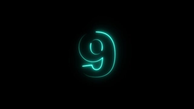 Abstract glowing neon text 9 number countdown icon. Glowing sign on black background Neon number 9 with alpha channel, simple blue neon color. Seamless loop style animation