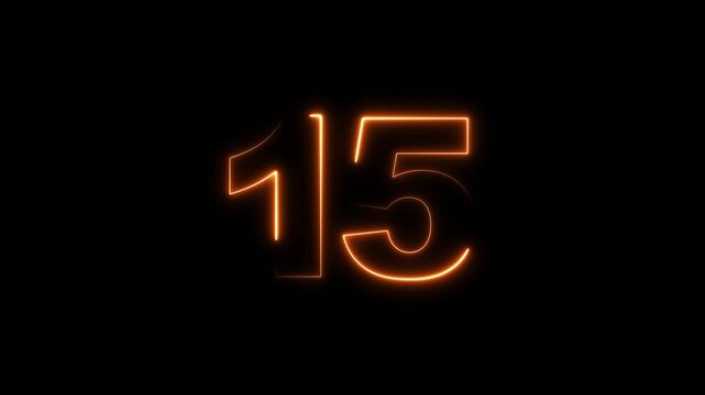 Neon 15 number mathematics text icon animation pink color text on black background.Number 15 vector illustration.