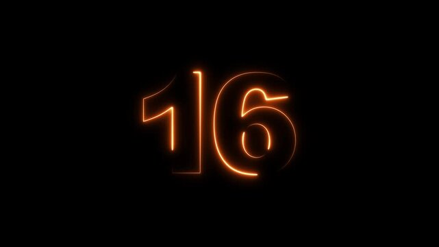 Neon 16 number mathematics text icon animation white color text on black background.Number 16 vector illustration. 4k video motion graphics