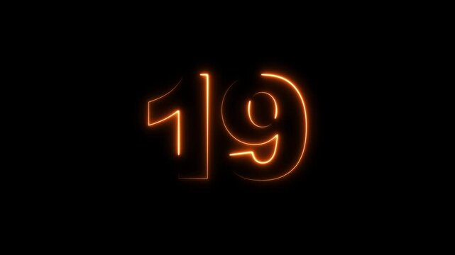 Neon 19 Number text animation.19 number mathematics text on black background. Bright glowing number 19 countdown icon. Digital neon glowing text number 19 a on black background animation,