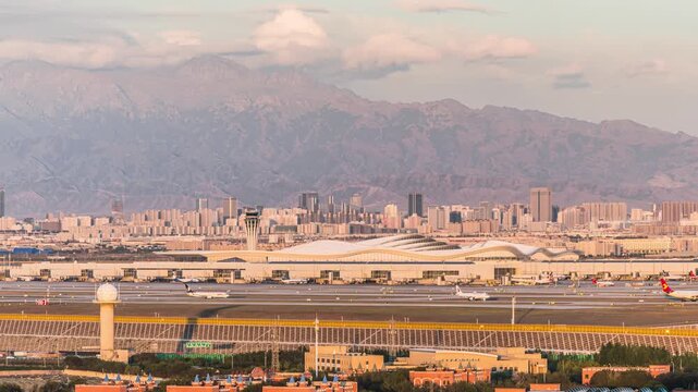 Time Lapse of Aircraft Takeoff, Landing, and Taxiing at Urumqi Tianshan International Airport, Xinjiang, China