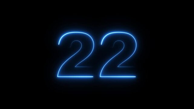 Number 22 glowing blue neon light on black background footage. 4k video motion graphics