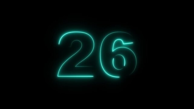 Neon glowing text 26 number icon on black background 4k animation. Neon number 26 with alpha channel, Green and purple neon 26 number. animation