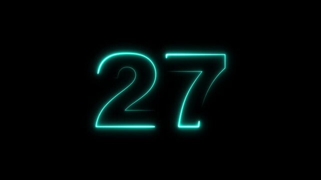 Neon 27 Number text animation. 27 number mathematics text on black background. Bright glowing number 27 countdown icon. Digital neon glowing text number 27. Black screen HD loop animation.