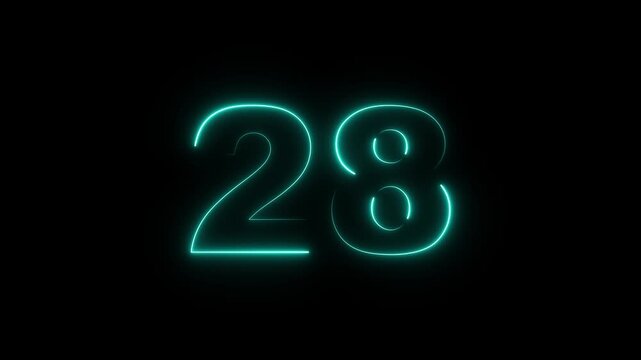 glowing neon text 28 number countdown icon. flickering neon number 28 on black background.