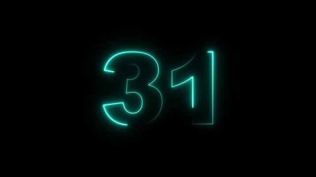 Glowing neon 31 text number animation on black background. Bright neon 31 number symbol. glowing neon number animation concept
