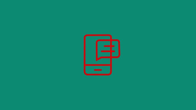 Red  smartphone outline animation receiving a chat message and a checkmark on a dark olive background. Success or message delivered concept, mobile phone line art animation, isolated 