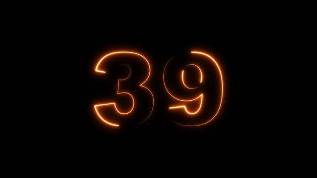 Neon count business number animation. Neon 39 number text on black background.