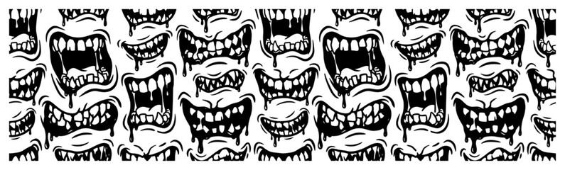 Naklejka premium Monster mouths pattern with sharp teeth and saliva in horror style