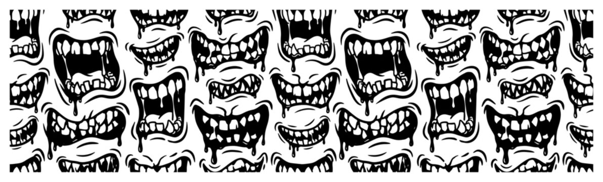 Monster mouths pattern with sharp teeth and saliva in horror style