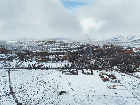 Drone view of snowy Mendoza valley and Andean mountains