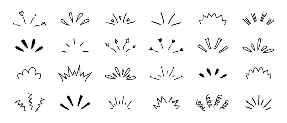 Doodle shine sunburst and  sparkle icon set isolated on transparent background. Vector illustration.  © FamArt