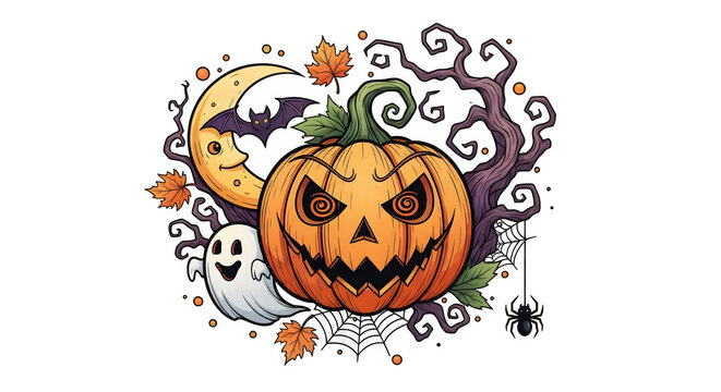 Halloween jack o' lantern ghost bat and crescent moon illustration isolated on transparent background
