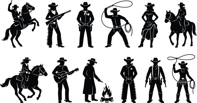 Western cowboy and cowgirl silhouette collection for Wild West and rodeo design projects