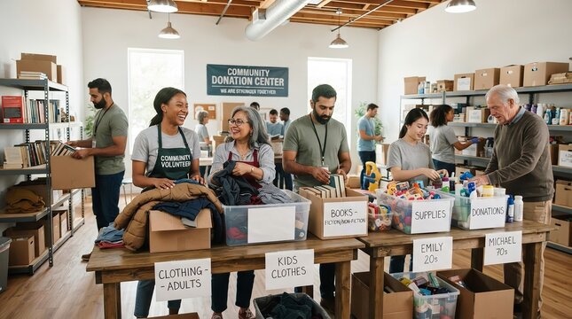 Diverse group of volunteers working together at a community donation center, sorting items for those in need.
