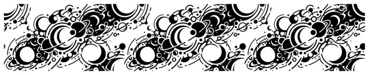 Celestial space pattern with planets moons and orbital rings in a cosmic graphic style © Tomas