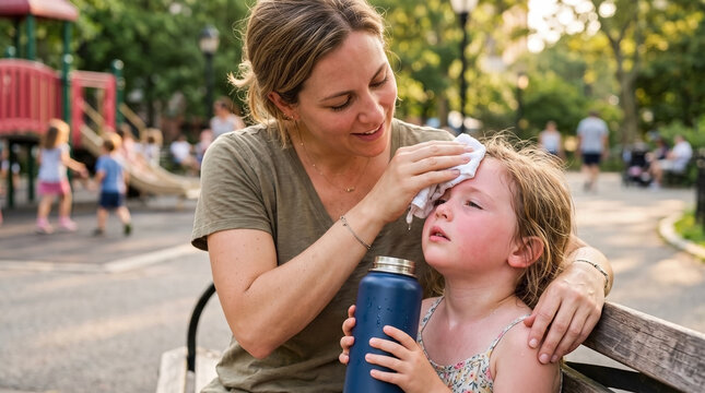 Mother wiping sweaty forehead of flushed daughter on park bench. Mom caring for child with heat exhaustion holding water bottle