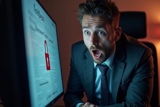 Businessman in suit reacts with shock and frustration to ransomware attack message on computer screen.