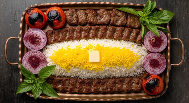 Persian chelo kabab koobideh and barg with saffron rice on tray