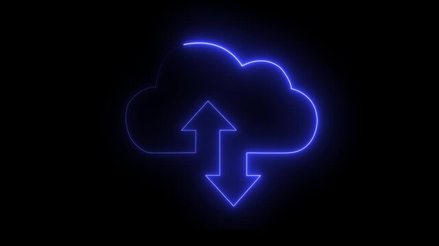 Glowing neon cloud storage with arrows, looped animation. Cloud space and technology, data backup icon. Violet color icon on black background .