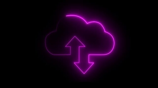 Glowing neon cloud storage with arrows, looped animation. Cloud space and technology, data backup icon. Pink color icon on black background .