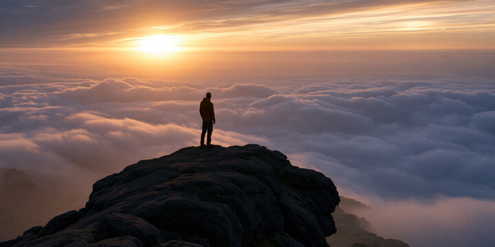 Person standing on rock overlooking sea of clouds at sunrise