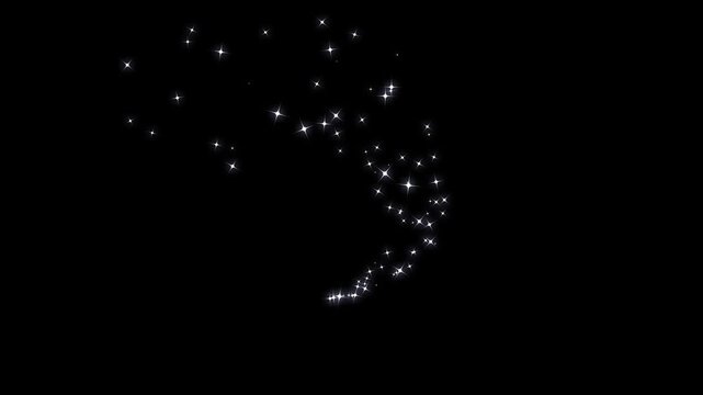 White magical fairy dust wand glitter star trail transition, shimmering black screen background particles animation. shimmering doodle spark magic glitter sparkling star line trail.4k