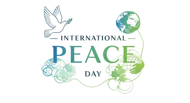 International peace day graphic with dove globe and foliage isolated on transparent background