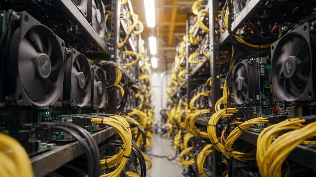 Cryptocurrency mining farm with asic hardware and yellow cables in data center bitcoin blockchain