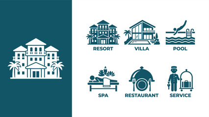 Fototapeta premium Resort and Villa Icon Set: Pool, Spa, Restaurant, and Service Illustrations for Hospitality Design. Flat vector illustration EPS 10.