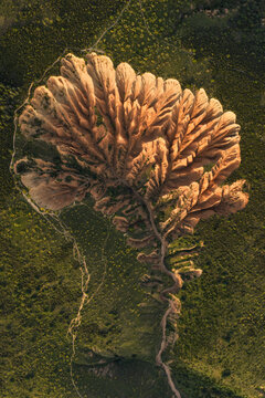 Aerial spring badlands landscape in magical golden light