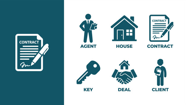 Real estate contract icons set: agent, house, key, deal, and client symbols illustrating property transactions. Flat vector illustration EPS 10.