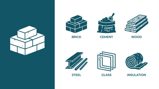 Construction materials icon set featuring bricks, cement, wood, steel, glass, and insulation in infographic style. Flat vector illustration EPS 10.