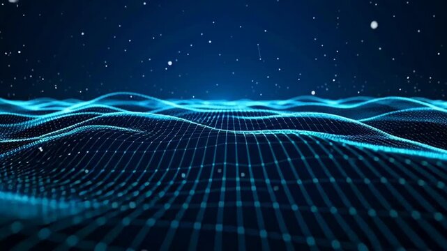 Glowing blue waves flow through a digital grid network in space.