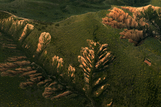 Spring badlands landscape with magical golden light