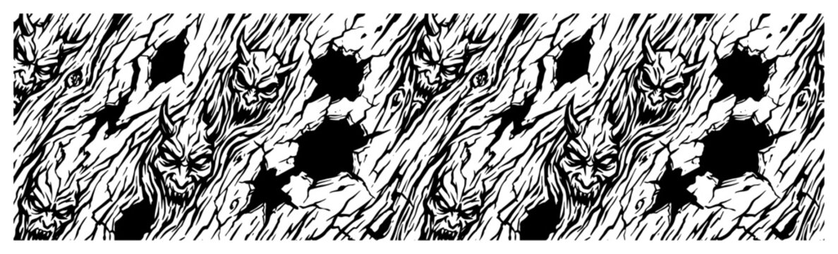 Demonic devil faces emerging from cracked wood texture in dark fantasy engraving style