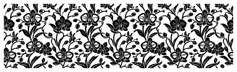 Fototapeta premium Orchid flowers and buds seamless pattern in black and white botanical engraving style
