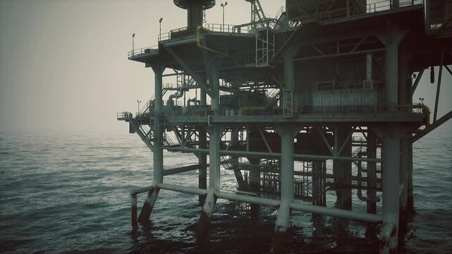 Offshore oil rig platform inspection deck showing stairways, piping, handrails, maintenance signage, industrial textures, high contrast safety mood
