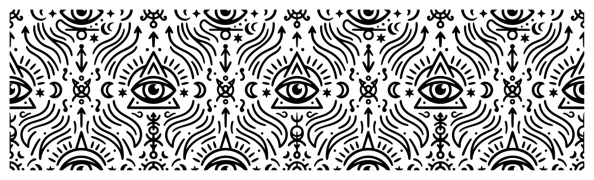 All seeing eye and esoteric mystical symbols seamless pattern in black and white line art style