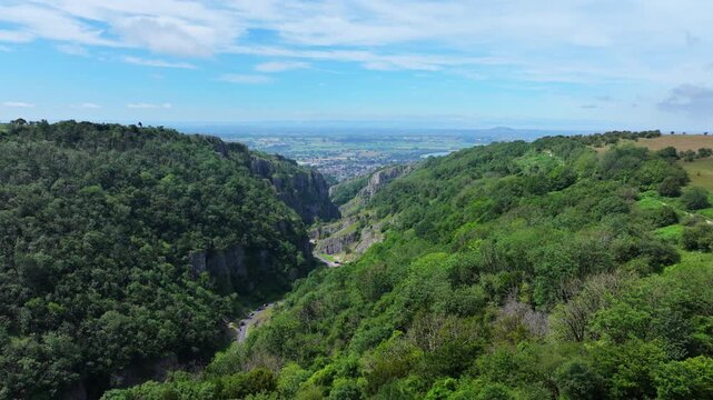 Aerial shot ascending to reveal Cheddar Gorge in Somerset