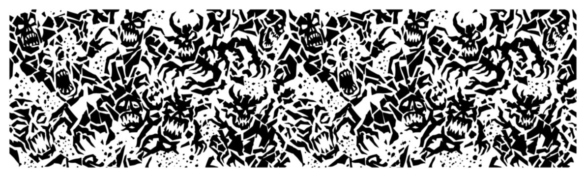 Demonic monster faces pattern in horror graphic style