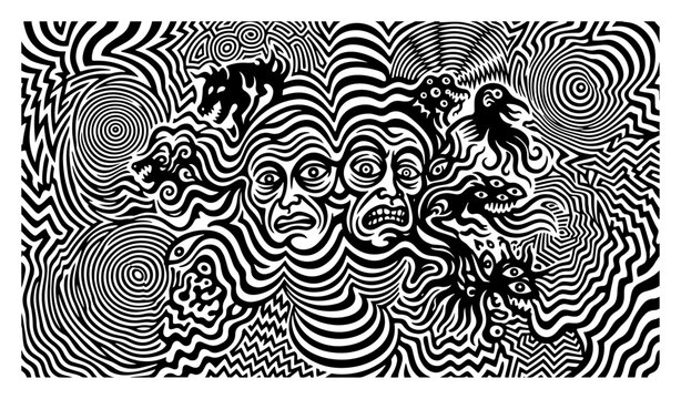 Surreal psychedelic faces with wavy optical patterns and dreamlike creatures
