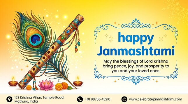 Celebrate illustration of banner, card poster for Lord Krishna playing bansuri (flute) in Happy Janmashtami festival of India ,Shri Krishan