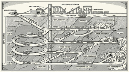 Obraz premium Diagram of an underground mine with shafts and tunnels.